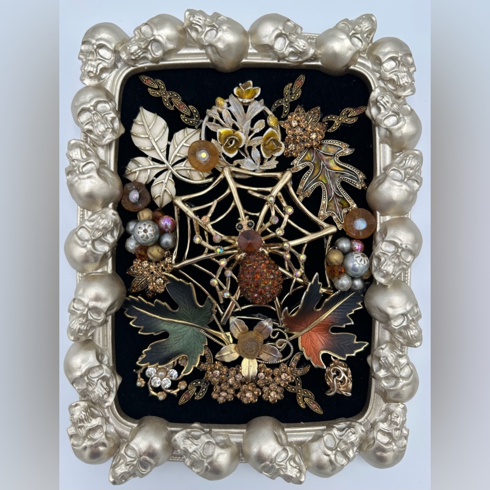 Hand Crafted Spiderweb Brooch Collage in Skull Frame – Gothic Halloween Art